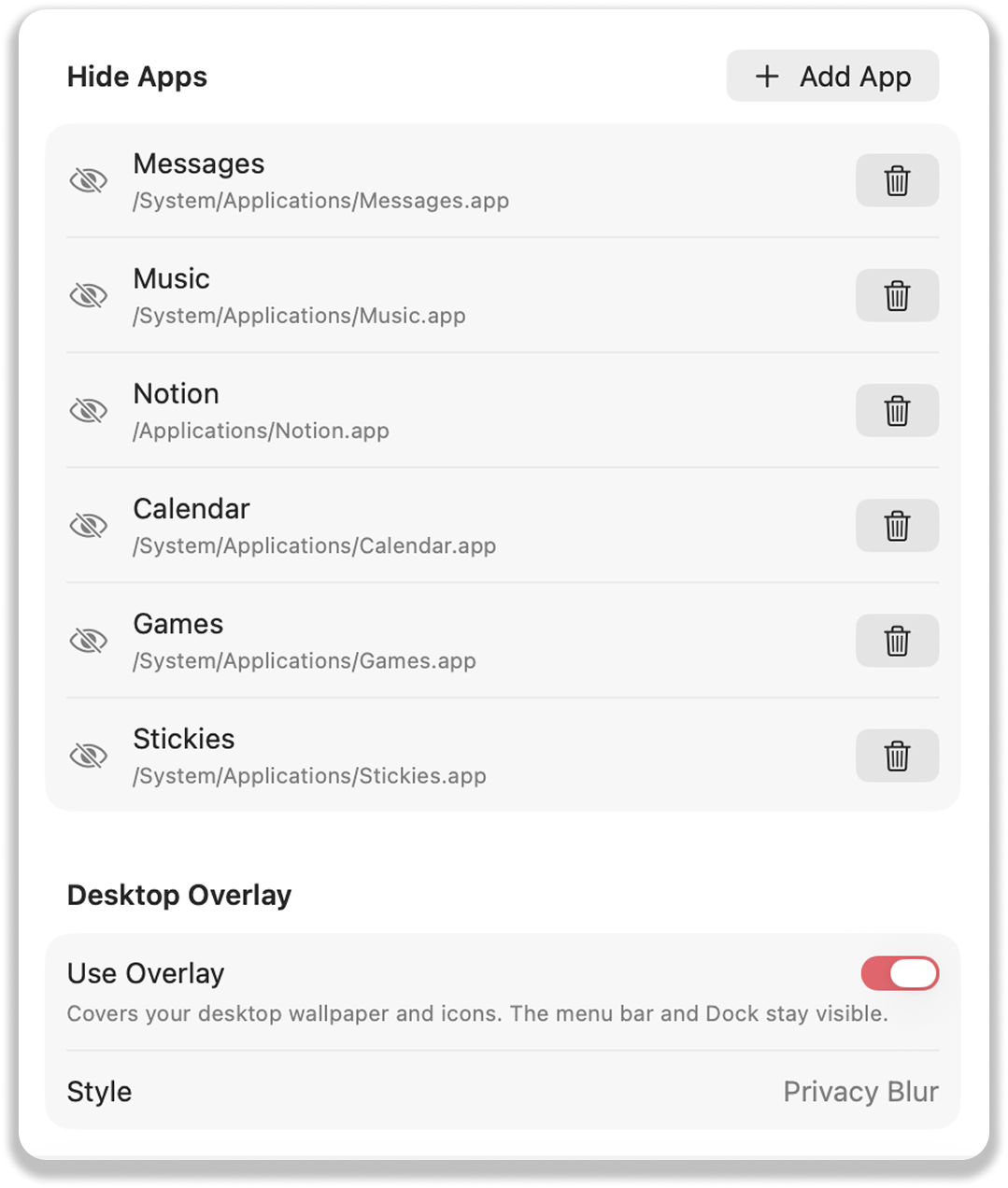 DeskCue settings for hiding private apps and covering desktop clutter