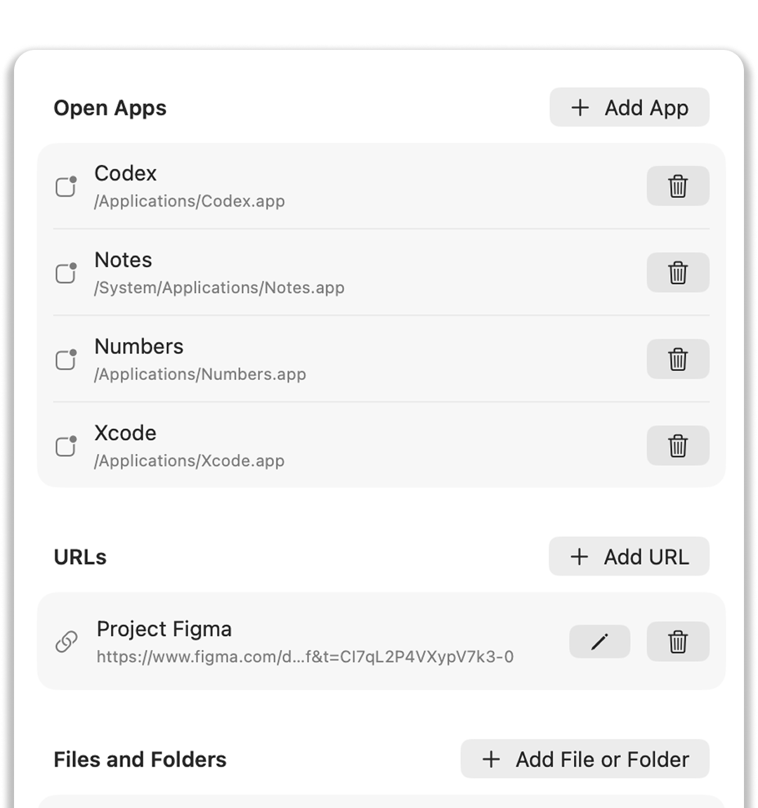 DeskCue Prep Profile settings showing apps, URLs, files, and folders configured to open
