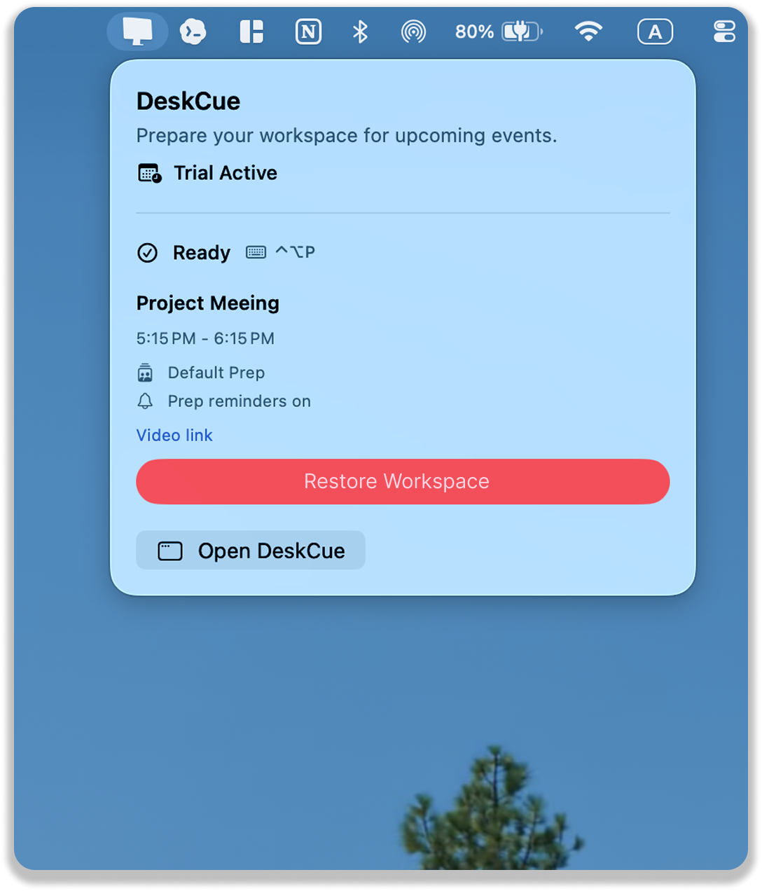 DeskCue menu bar interface with a Restore Workspace control